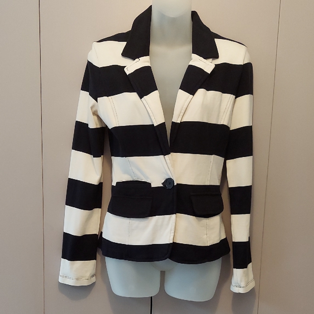 Caslon Black and White Striped Cotton Knit Blazer Jacket Size Small